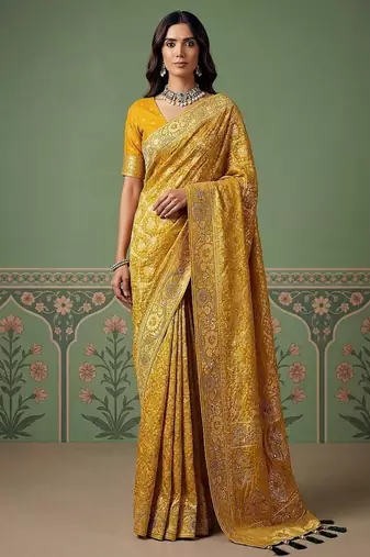 Yellow Color Gold Zari Weaving Pashmina Silk Saree