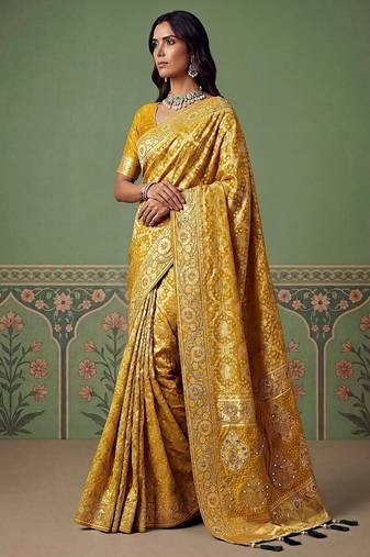 Yellow Color Gold Zari Weaving Pashmina Silk Saree