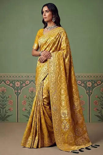 Yellow Color Gold Zari Weaving Pashmina Silk Saree