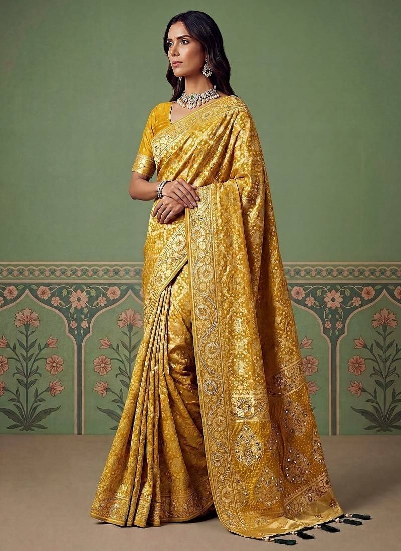 Yellow Color Gold Zari Weaving Pashmina Silk Saree