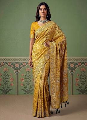 Yellow Color Gold Zari Weaving Pashmina Silk Saree 4