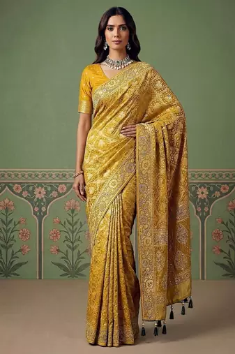 Yellow Color Gold Zari Weaving Pashmina Silk Saree