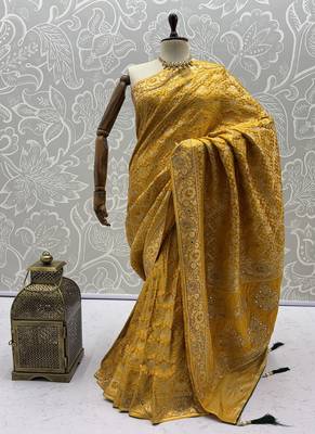 Yellow Color Gold Zari Weaving Pashmina Silk Saree 5