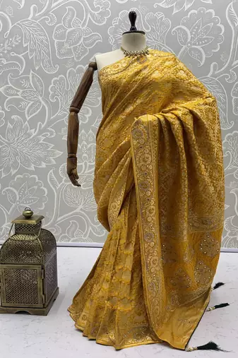 Yellow Color Gold Zari Weaving Pashmina Silk Saree