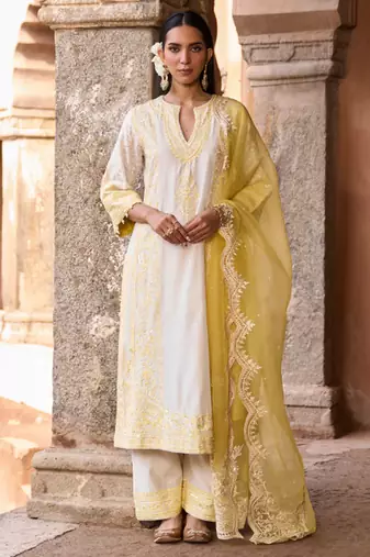 Lemon yellow embroidered silk chanderi kurta set