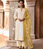 Lemon yellow embroidered silk chanderi kurta set