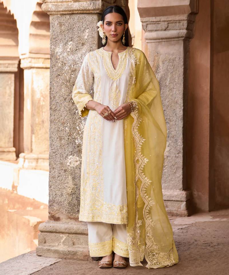 Lemon yellow embroidered silk chanderi kurta set