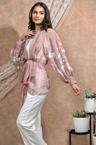 Bloomed nude jacket with white dress set