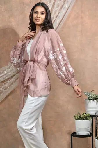Bloomed nude jacket with white dress set