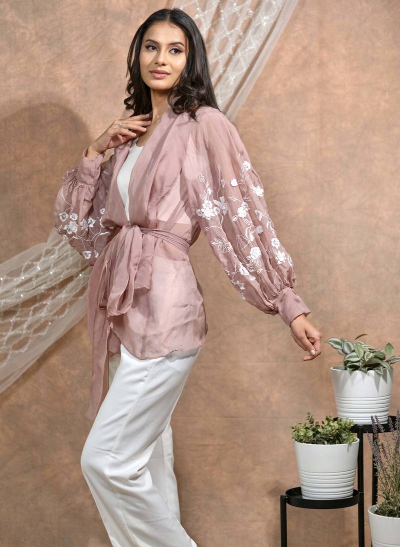 Bloomed nude jacket with white dress set