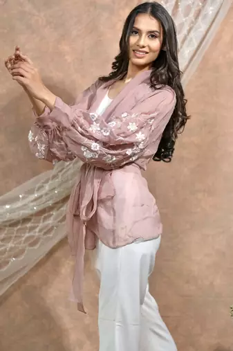 Bloomed nude jacket with white dress set