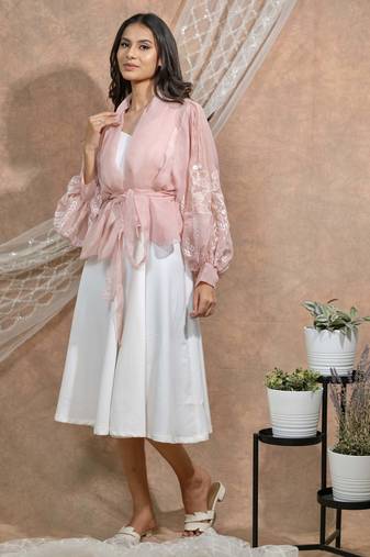 Bloomed peach jacket with white dress set