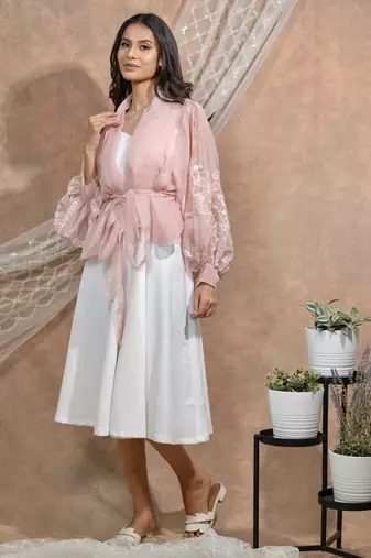 Bloomed peach jacket with white dress set