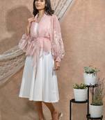 Bloomed peach jacket with white dress set