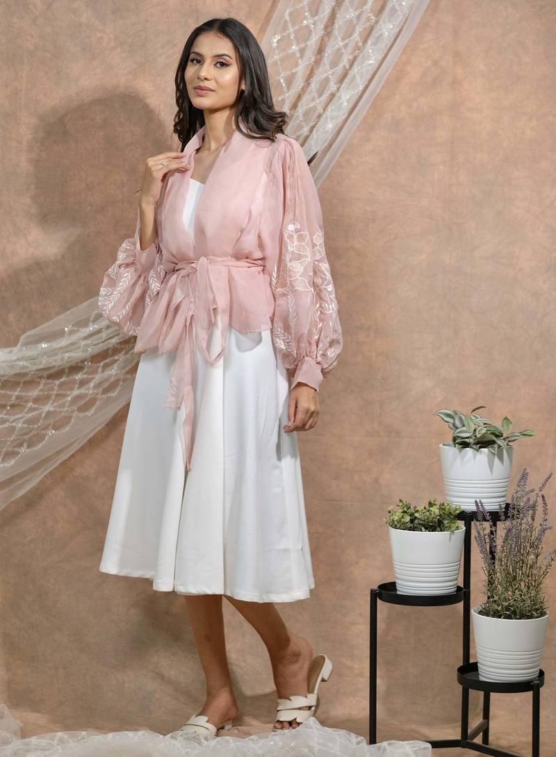 Bloomed peach jacket with white dress set