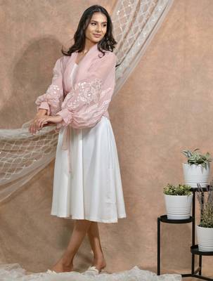 Bloomed peach jacket with white dress set 2