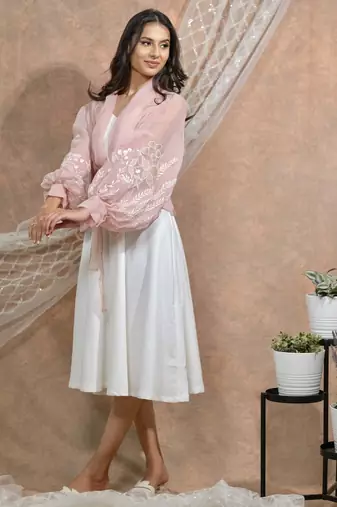 Bloomed peach jacket with white dress set