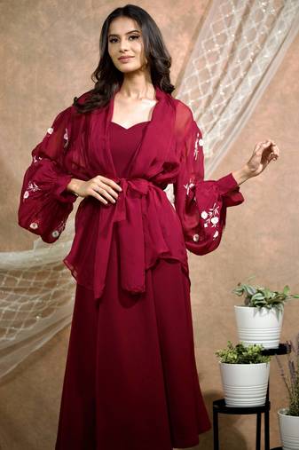 Bloomed maroon jacket with dress set