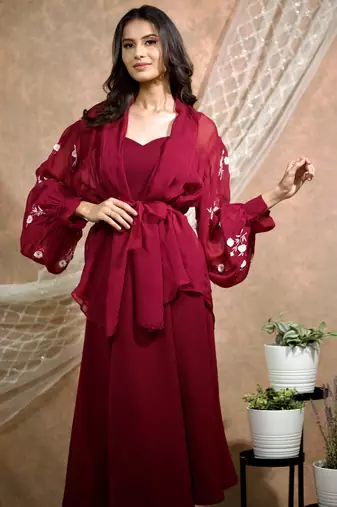 Bloomed maroon jacket with dress set