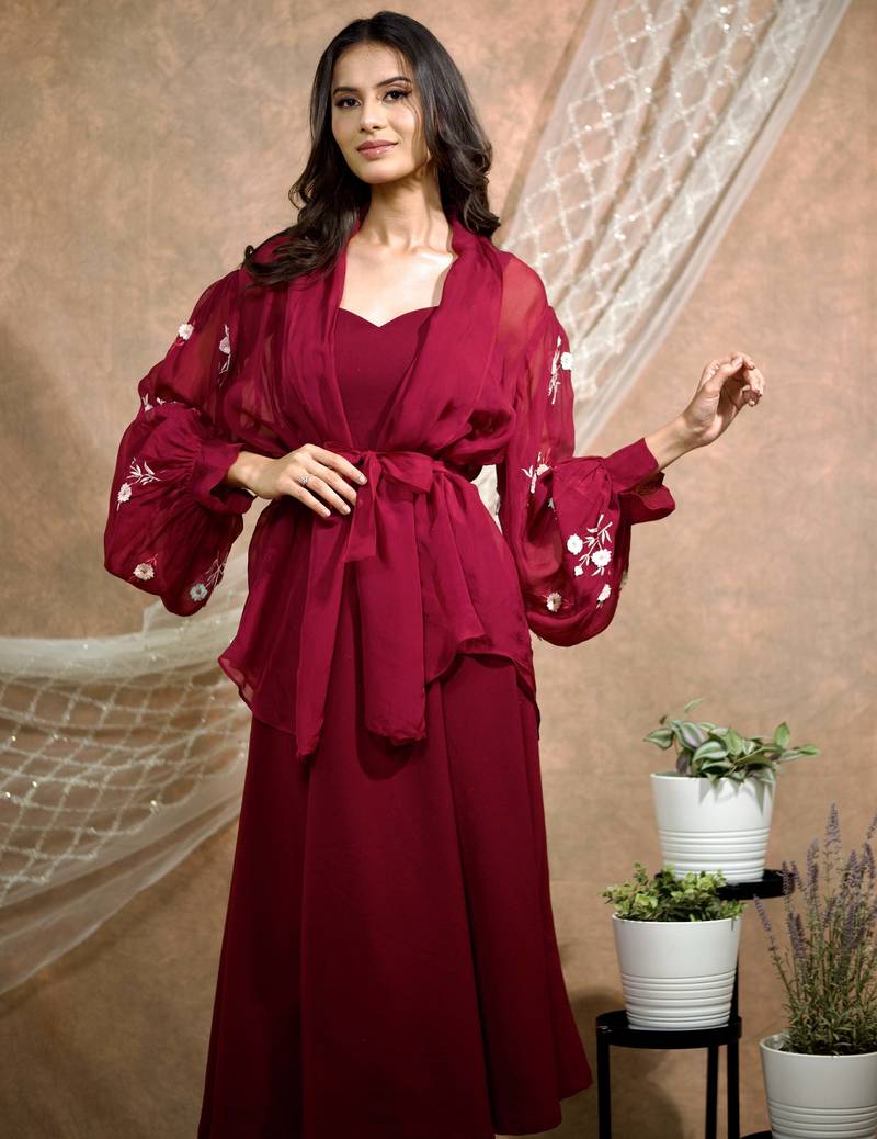 Bloomed maroon jacket with dress set