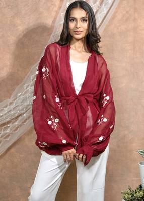 Bloomed maroon jacket with white dress set 1