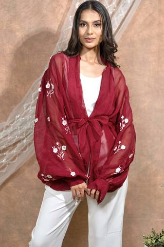 Bloomed maroon jacket with white dress set