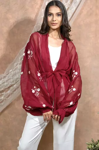Bloomed maroon jacket with white dress set