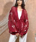 Bloomed maroon jacket with white dress set