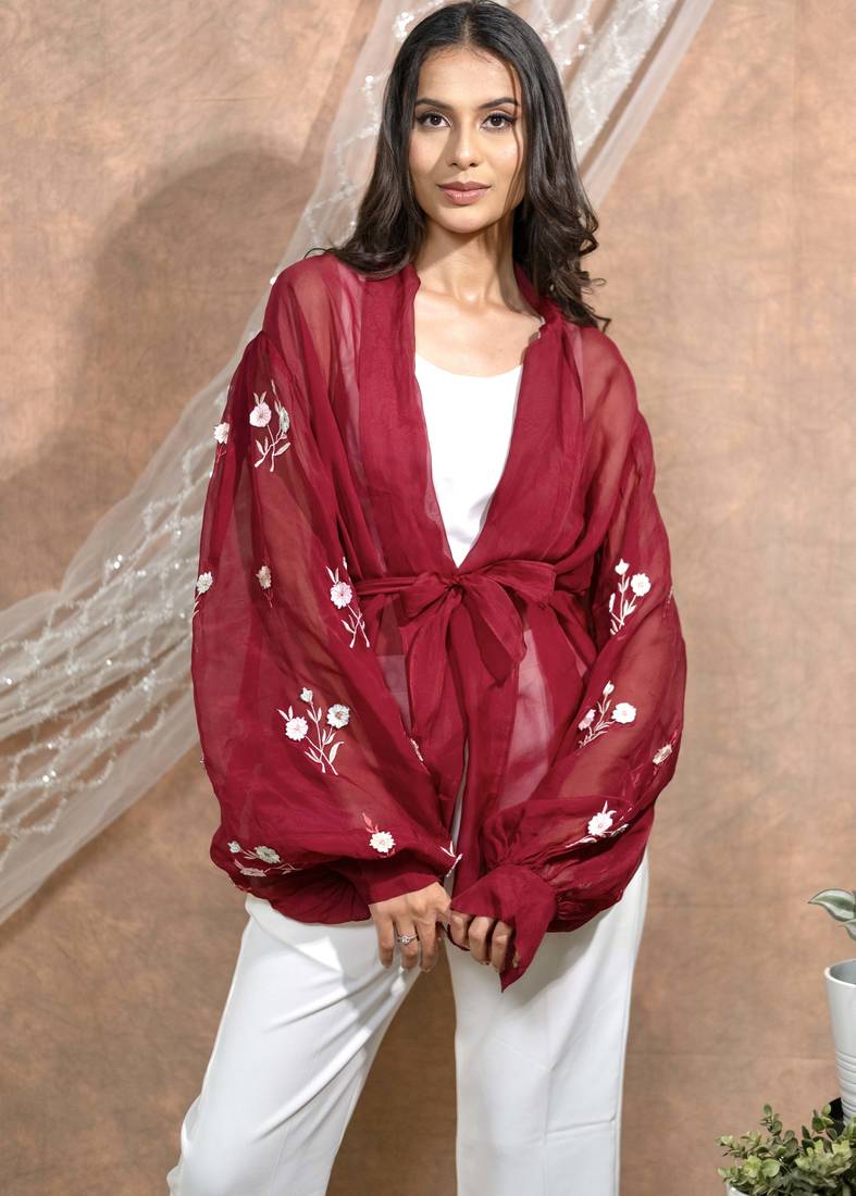 Bloomed maroon jacket with white dress set
