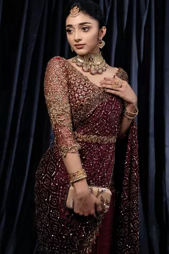maroon sequin embroidered georgette saree with blouse