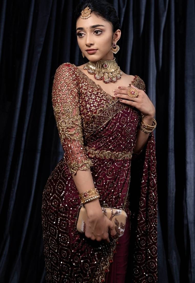 maroon sequin embroidered georgette saree with blouse