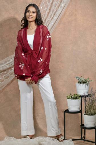 Bloomed maroon jacket with white co-ord set