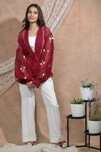 Bloomed maroon jacket with white co-ord set