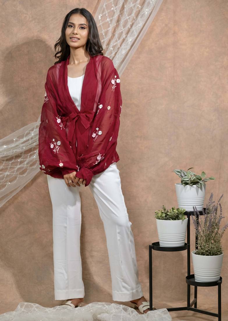 Bloomed maroon jacket with white co-ord set