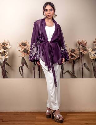 Bloomed purple jacket with white co-ord set 1