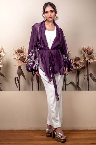 Bloomed purple jacket with white co-ord set