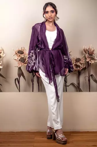 Bloomed purple jacket with white co-ord set