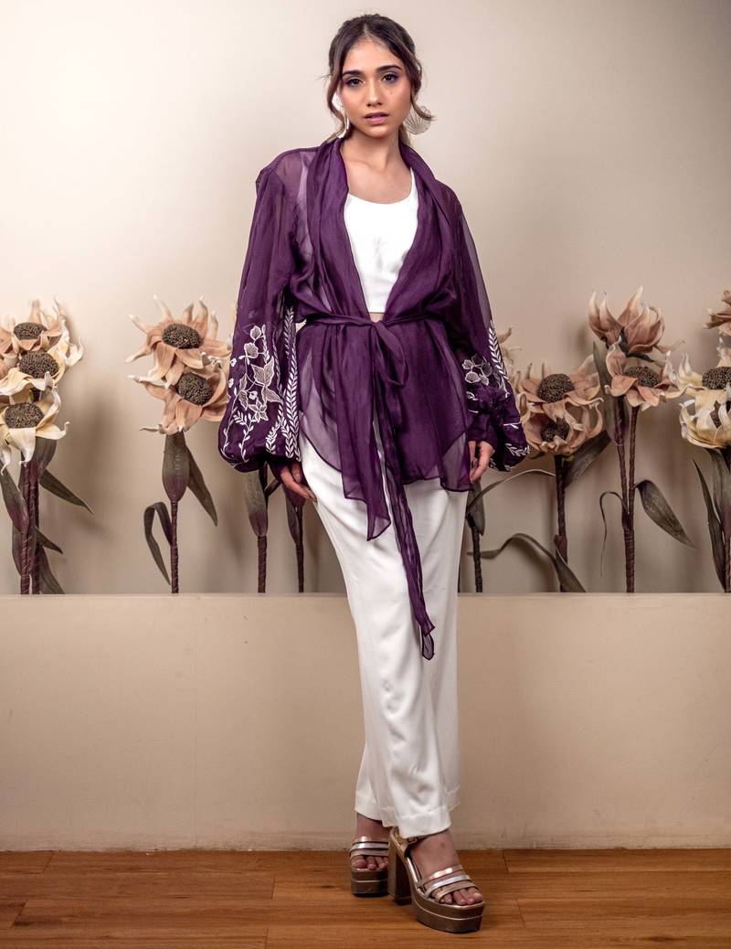 Bloomed purple jacket with white co-ord set