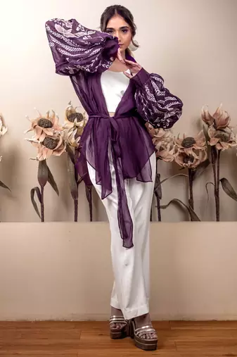Bloomed purple jacket with white co-ord set