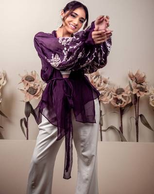 Bloomed purple jacket with white co-ord set 3