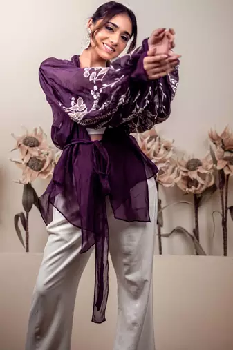 Bloomed purple jacket with white co-ord set