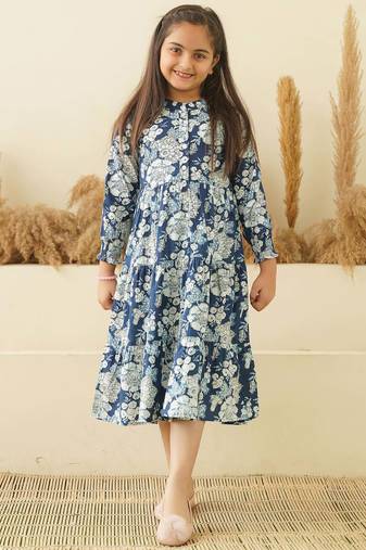 Blue floral printed cotton tiered a-line kids dress