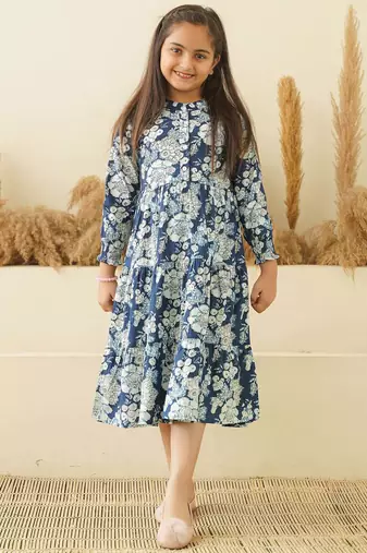 Blue floral printed cotton tiered a-line kids dress