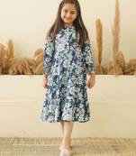 Blue floral printed cotton tiered a-line kids dress