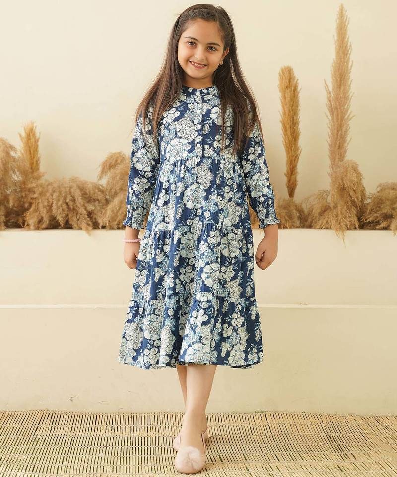 Blue floral printed cotton tiered a-line kids dress