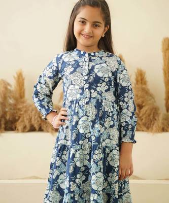 Blue floral printed cotton tiered a-line kids dress 2