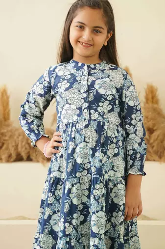Blue floral printed cotton tiered a-line kids dress