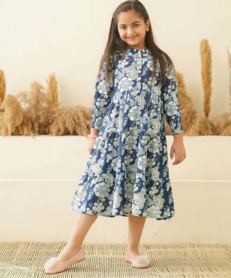 Blue floral printed cotton tiered a-line kids dress 3
