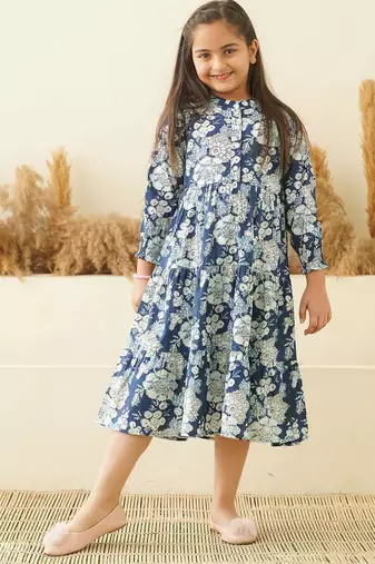 Blue floral printed cotton tiered a-line kids dress
