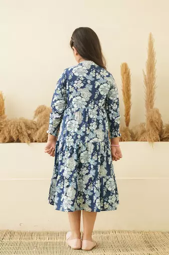Blue floral printed cotton tiered a-line kids dress